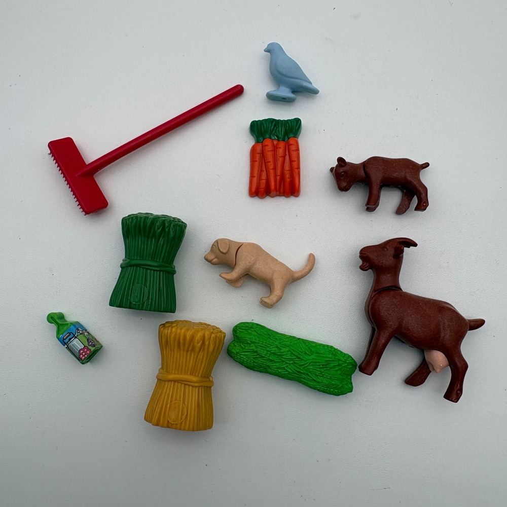 Playmobile Farm Animal Accessory Lot Goats Dog Bird Hay Rake Carrots 10pc Sett